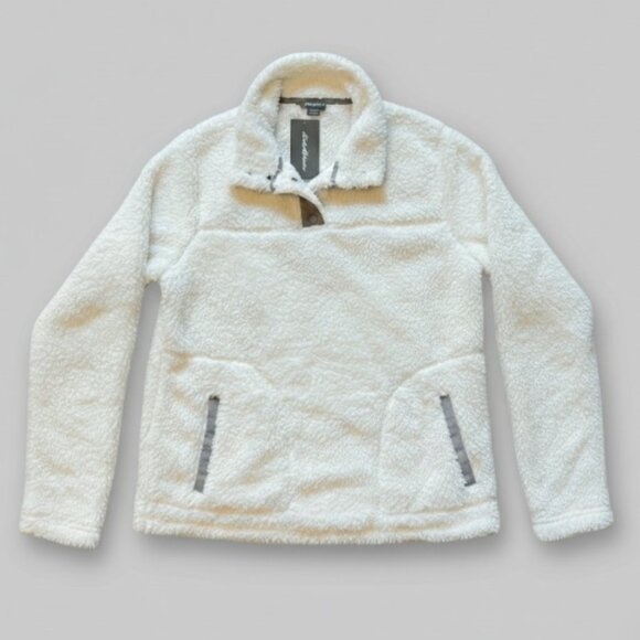 NWT Eddie Bauer Sherpa Fleece Pullover Coconut Milk & Frost Gray Snap-Neck, Sz M - Picture 10 of 16